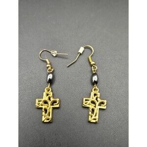 Gold Tone Cross Dangle Earrings